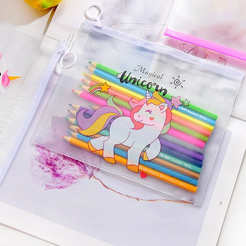 1 Pcs Cartoon Unicorn Transparent PVC Document Bag Zipper Document File Bag Stationery Organizer School Office Supplies
