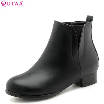 

QUTAA 2019 Women Ankle Boots Platform Slip on Black Round Toe Winter Boots Platform Square Heel Women Boots Big Size 34-43