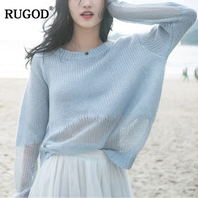 

RUGOD Fashion Blue Mesh Patchwork Knitted Sweater Women 2019 Early Autumn O Neck Thin Sweater Knitwear Basic Tops Sueter Mujer