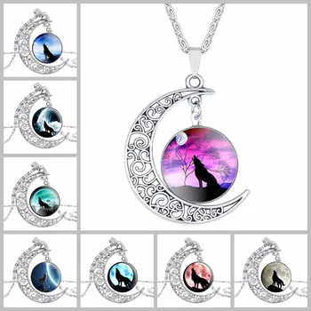 

Retro Alloy Wolf Head Hollow Carved Moon Multi Time stone Pendant Necklace Wolf Totem Clavicle Chain Necklace Women men jewelry