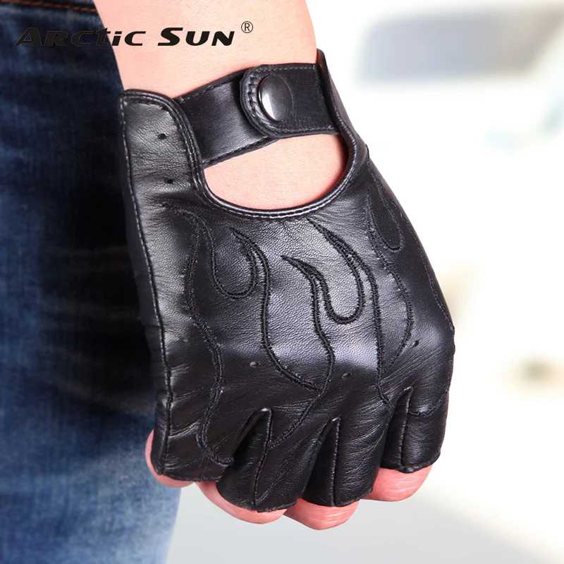 2019 NEW Genuine Leather Semi-Finger Gloves Male Imported Lambskin Driving Flame Pattern Embroidery Anti-Slip Men Mittens M047N 2019 NEW Genuine Leather Semi-Finger Gloves Male Imported Lambskin Driving Flame Pattern Embroidery Anti-Slip Men Mittens M047N