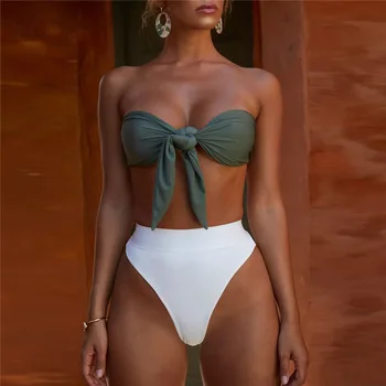 

SP&CITY High Waist Strapless Bikini Set Woman Sexy Basic Front Chest Tie Push Up Swimsuit Tight G String Beach Mermaid Swimsuit