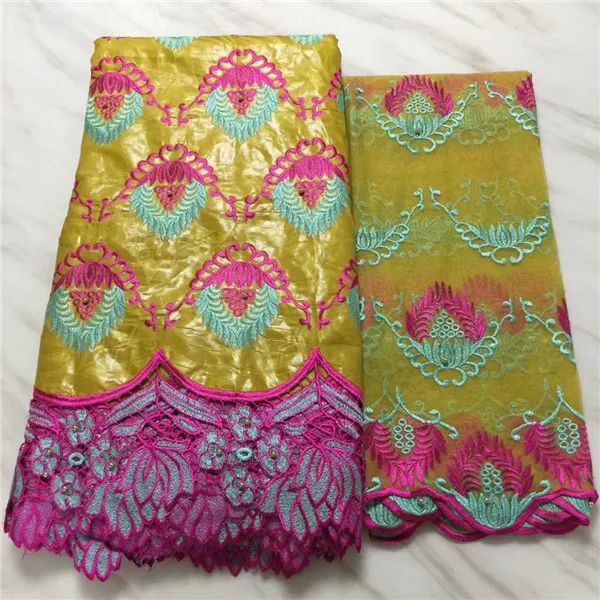 

5+2yards Beautiful lady dress set African jacqured bazin lace fabric with French tulle net lace cloth for dress EBN32