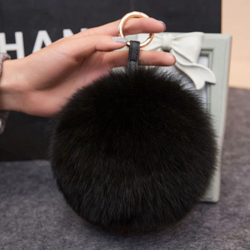 

Big Fox Fur Pompom Ball Keychain with Gold Silver Color Metal KeyRing For Women Handbag Car KeyChain Pendent Decorations