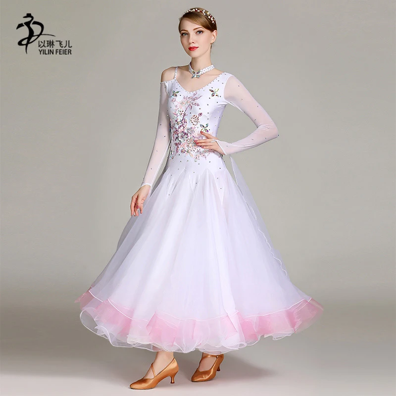 

White Ballroom Dance Dresses Standard Balloom Dancing Clothes Competition Waltz Foxtort Dancing Dress