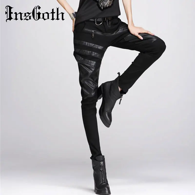 InsGoth женские Лоскутные штаны из искусственной кожи, готический хип хоп, высокая талия, черные длинные брюки, Harajuku уличная Женская