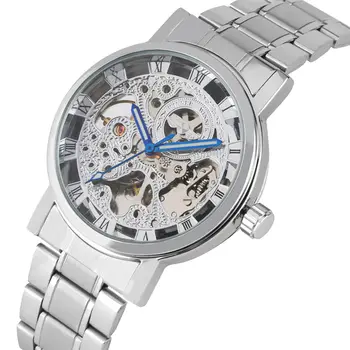 

Silver Stainless Steel Mechanical Watch Automatic Self Winding Skeleton Watches Luminous Clock Mens Watches Top Brand Luxury