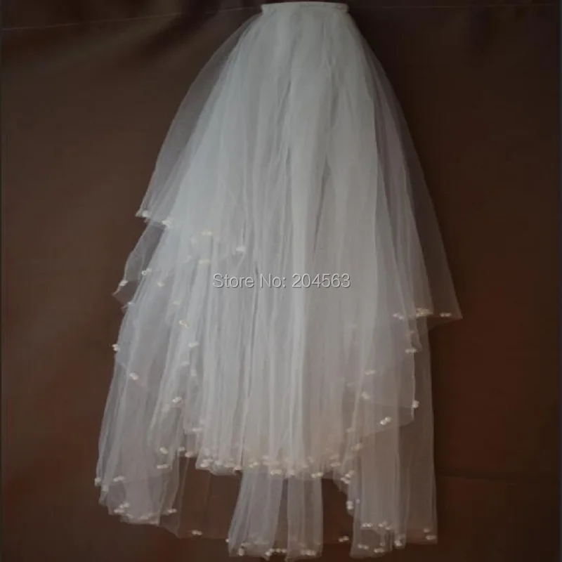 

2018 Real Picture Two-Layer White or Ivory Beaded Wedding Veil without Comb Veil