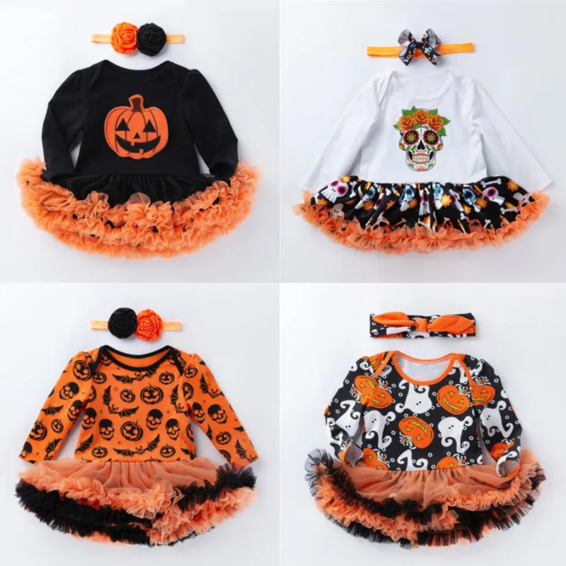 

Hot Romper Dresses for Newborn Baby's First Halloween Costumes Pumpkin Skull Print Jumpsuit Dress and Headband Sets Bebe Vestido