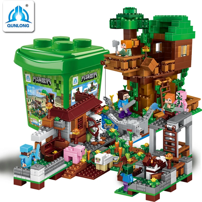 

0534 QUNLONG 900pcs Moerka Villa building blocks toys Christmas Gift Action Figure Toys For Children storage bucket