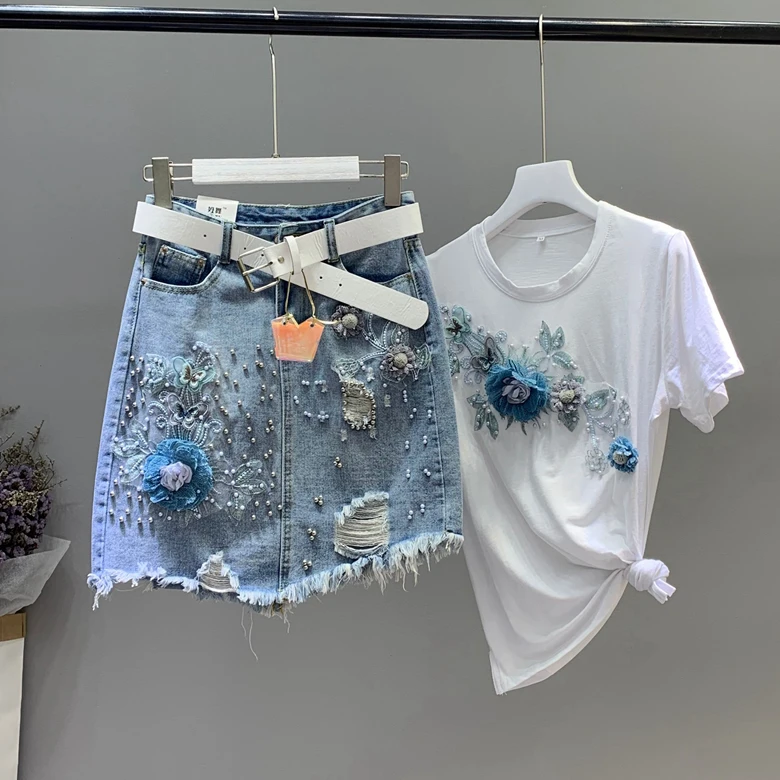 

New Summer Cowboy Outfits Girls 2 Piece Set Heavy Industries Appliques Hole Jeans Button Skirt + Short Sleeve T-shirt Suit Women
