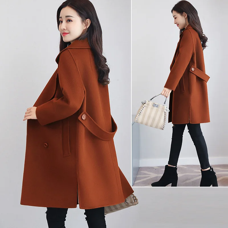 

New Autumn Winter Women Coats Plus Size Fashion Loose Double Breasted Pockets Slim Solid Woolen Blends Coat For Women Outerwear