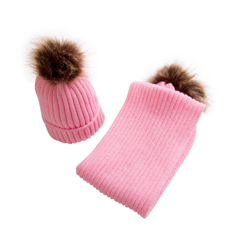 Милая зимняя теплая вязанная шапочка с помпоном для маленьких мальчиков и девочек, меховые шапки+ шарф, шапочка с помпоном, аксессуары бежевого, розового, белого цвета