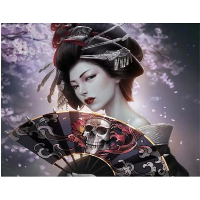 

Full Square / Round Diamond 5D DIY Diamond Set Diamond Embroidery "Japanese Woman Fan Skull" Cross Stitch Mosaic Home Decoration