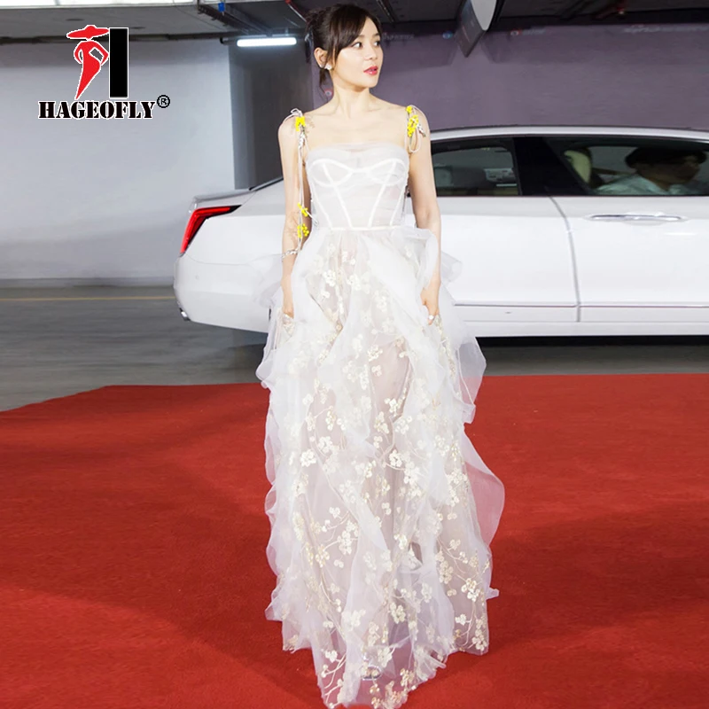 

Summer Wedding Party Runway Vestidos White Dress Fashion 2019 New High-end Women's Long Strap Embroidered Maxi Ball Gown Dress