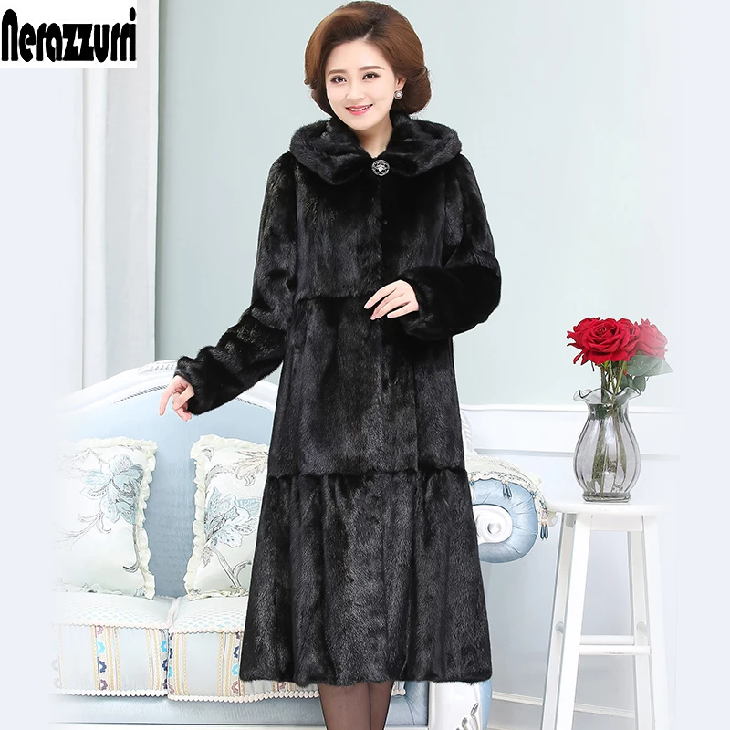 

Nerazzurri Real Mink Fur Coat With Hood For Women Genuine Natural Fur Long Black Ladies Russian Mink Coats Plus Size 5xl 6xl 7xl