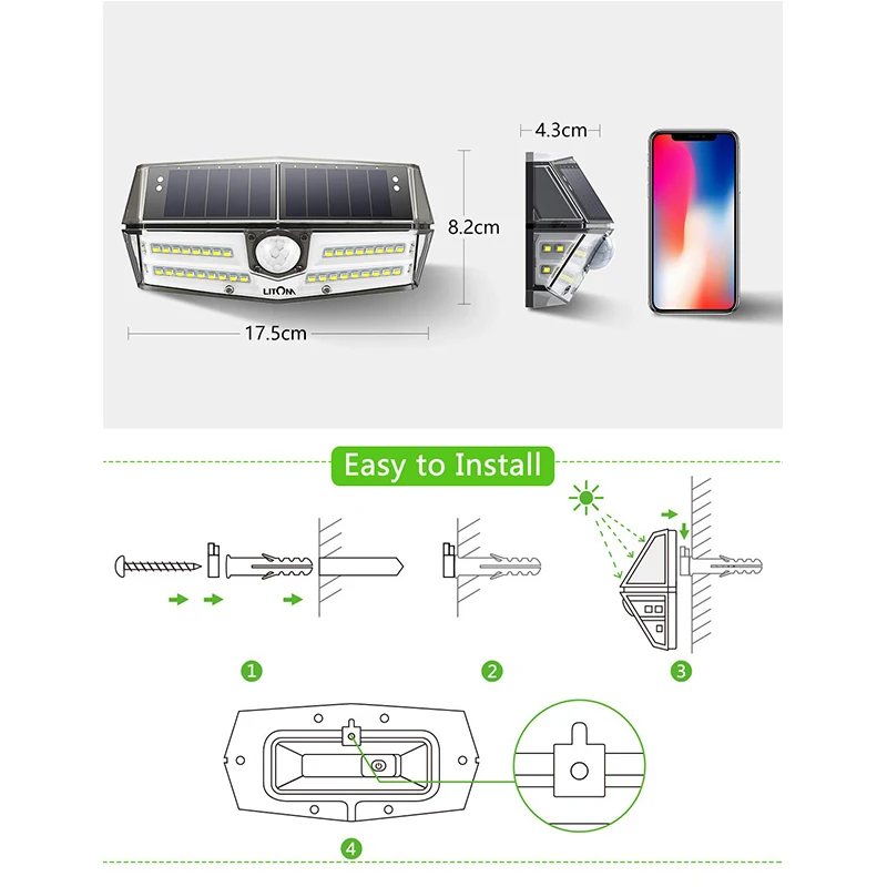Уличный солнечный светильник LITOM 40 светодиодов с 3 дополнительными режимами, датчик движения, солнечные лампы с широким углом обзора IP67, водонепроницаемый садовый настенный светильник