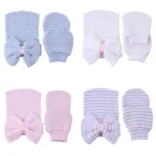 Шапка для новорожденного ребенка; перчатки; детская теплая шапка в полоску с бантом для младенцев; мягкие хлопковые перчатки с защитой от царапин; шапки для купания; подарки