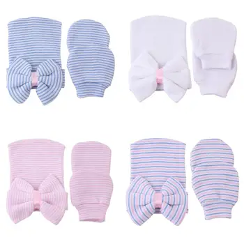 

Newborn Baby Hat Gloves Child Warm Striped Bow Cap Infants Anti-Scratch Soft Cotton Glove Hats Bathing Gifts