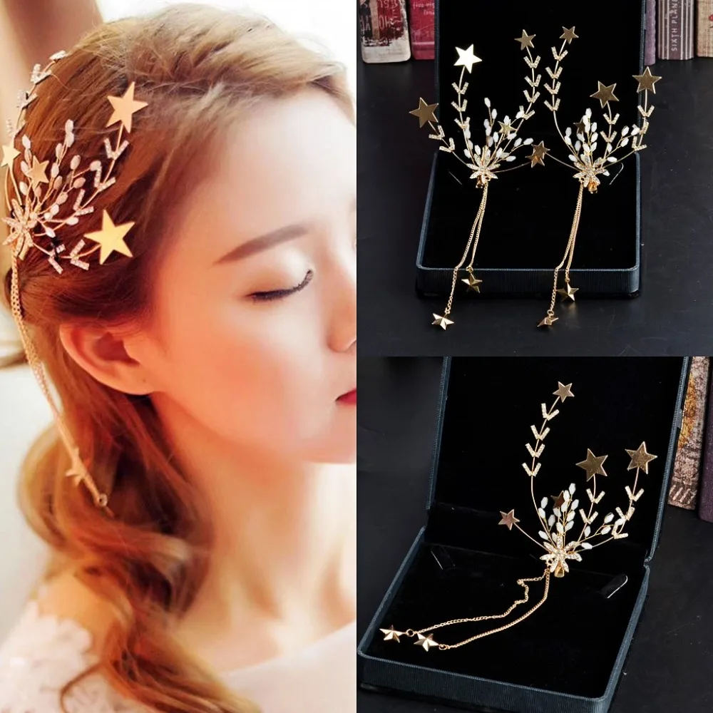 

Gold Star Tassel Hairpin Crystal Beads Flower Tiara Bride Headwear Earring Headgear Set Wedding Hair Accessories
