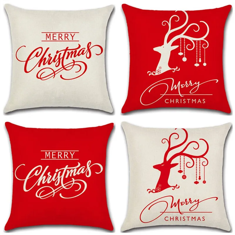 

White Red Merry Christmas Letter Pillow Case Linen Elk Pattern Home Office Chair Throw Pillow Cover Square Pillowcase 45x45cm