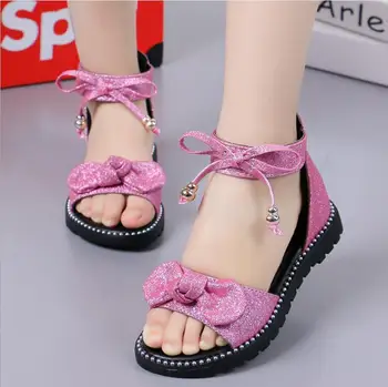 

Girls sandals 2019 summer new big children Korean version of the princess shoes bow sequins Roman shoes flat beach shoes