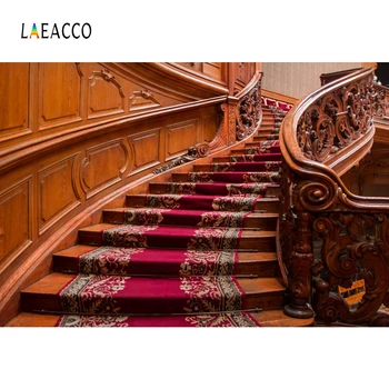 

Laeacco Old Staircase Wooden Red Carpet Pattern Entrance Photo Backgrounds Customized Photography Backdrops For Photo Studio