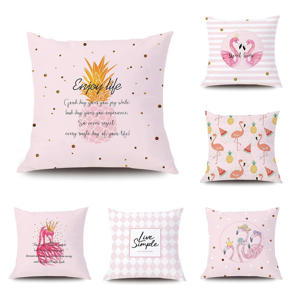 Housse De Coussin En Forme De Flamant Rose Taie D Oreiller En Peau De Peche Avec Lettres D Ananas Decoration Douce Pour Siege De Voiture Canape Maison 45x45 Aliexpress