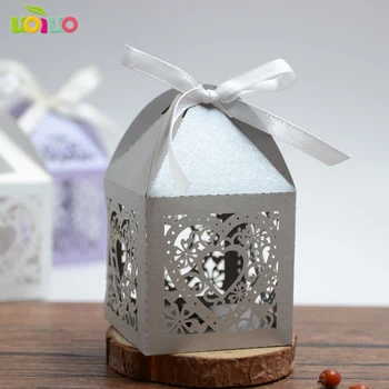 

Popular silver grey customized large size lace heart wedding favor candy boxes for guests