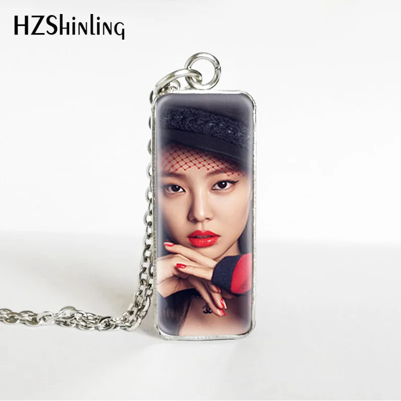 Hot Kpop Group Blackpink Lisa Rose Jennie Jisoo Rectangle Necklace Glass Cabochon Pendant Rectangle Necklace Jewelry Gifts