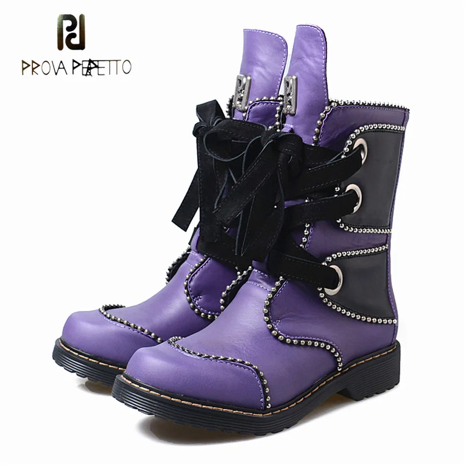 Prova Perfetto new style rivet beading low heel martin boots women lace up genuine leather patchwork women short boot for winter