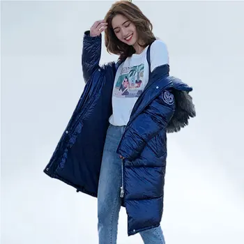 

Long Cotton Coat Women Winter Jacket Faux Fur Collar Outwear Fashion Bright Parka Jacket FemaleThick Warm waterproof Coats