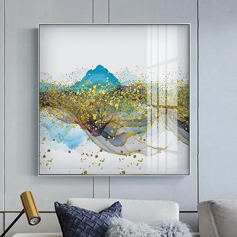 

Abstract Golden Canvas Painting Gold Wall Art Picture Big Blue Poster and Print for Living Room Tableaux Cuadros Salon Modernos