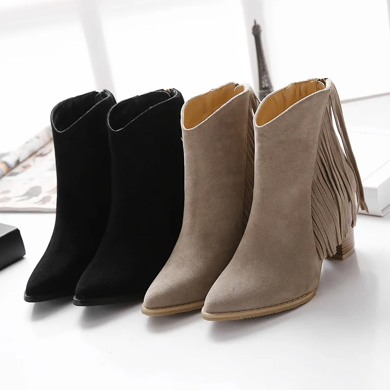 De Zapatos Botas Zip Cuadrado Punta Negro Tacón Chelsea Fringe Rebaño Moda amarillo Mujeres Más Otoño Las Tamaño Retro Alta Madura wqXa5A