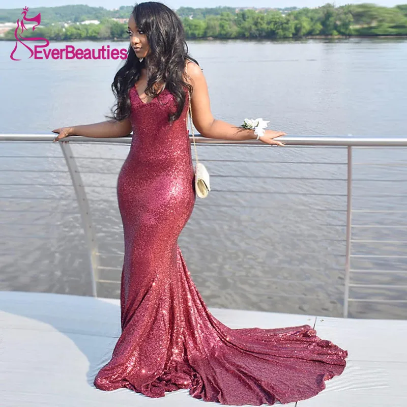 

Shiny Sequins Spaghetti Straps Evening Dress Long 2019 Mermaid Backless Prom Party Dresses Robe De Soiree