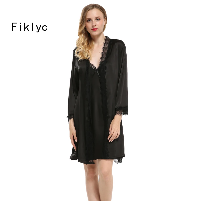 Billig Fiklyc marke sexy spitze seide robe   kleid set freies verschiffen zwei stück strumpf nachtwäsche + baden robe brautjungfer hochzeit tragen