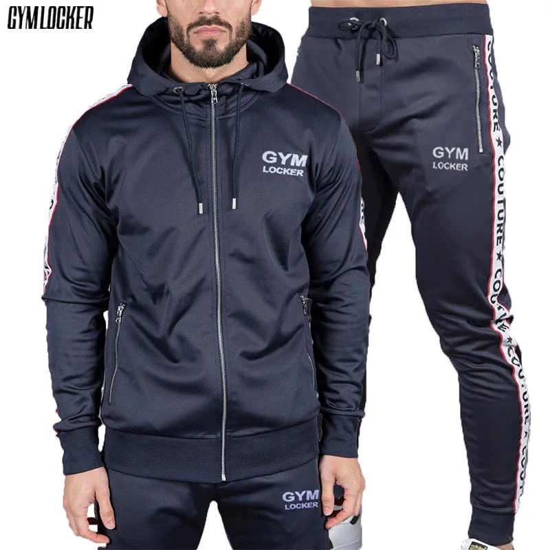 

GYMLOCKER Brand Gyms Bodybuilding Sets Men's zipper pocket Hooded+pants Sportswear new Fashion casual Fitness mens Sets