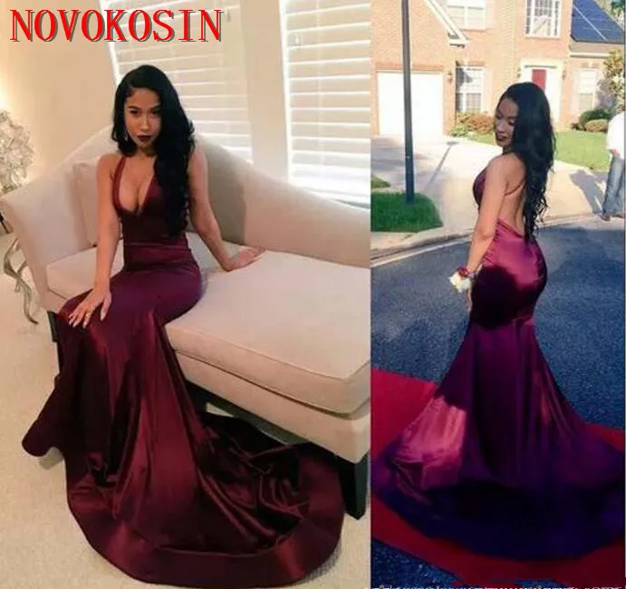 

2019 Black Girl Backless Halter Satin Prom Dress With Deep V Neck Long Mermaid Formal Evening Gowns Count Train African Vestidos