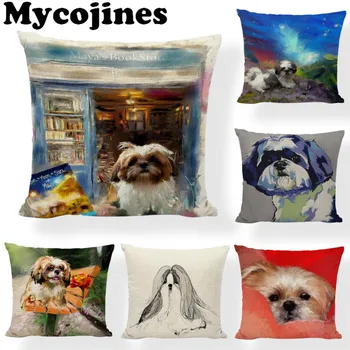 

Cartoon Cute Dog Oil Painting Shih Tzu Cushion Cover Pillow Case 17*17In Linen Decor Home Office Couch Autumn Forest Pillowcase