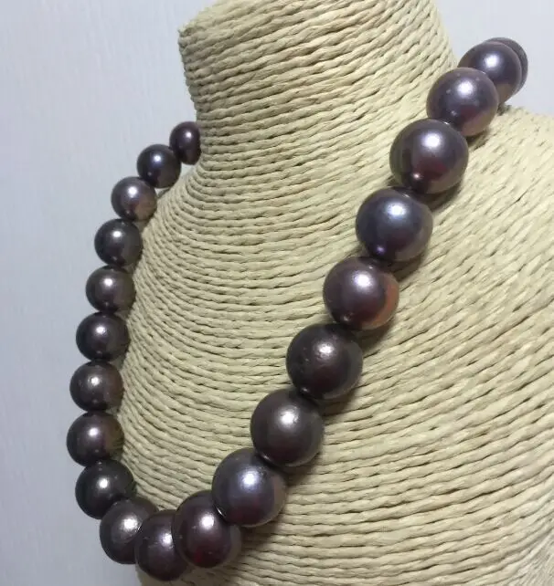 

huge round 14-15mm Tahitian black red pearl necklace 18"14KGP