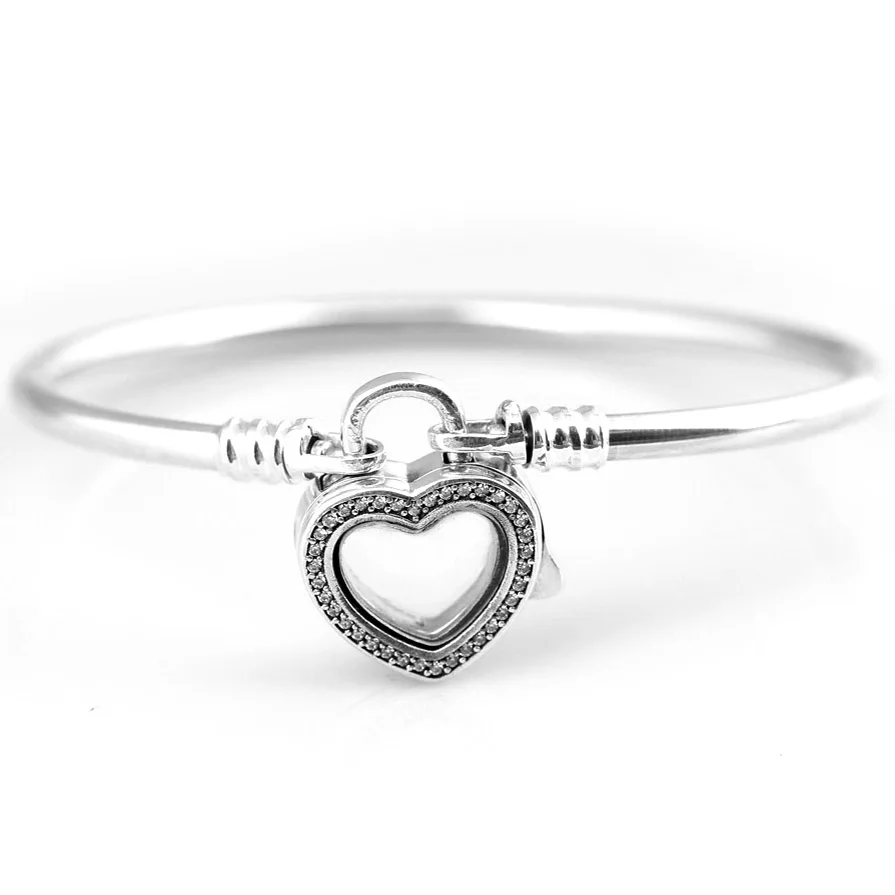

New 925 Sterling Silver Bangle Pave Love Heart Locket Snake Chain Bracelet Bangle Fit Women Bead Charm DIY Pandora Jewelry