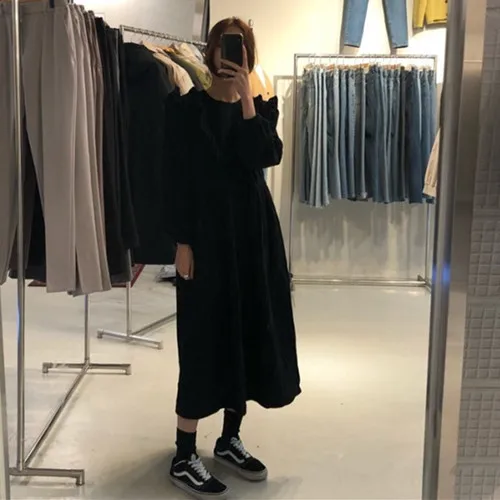 

Party Dress Women O Neck Long Sleeve Ruffle High Waist Loose Korean Fashion Pleated Casual Maxi Long Dress Plus Size Vestidos