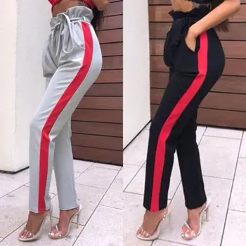 

Ruffles Waist Drawstring Pencil Pants Women 2019 Fashion Slim Skinny Women Stretchy Pants High Waist Striped Trousers For Women