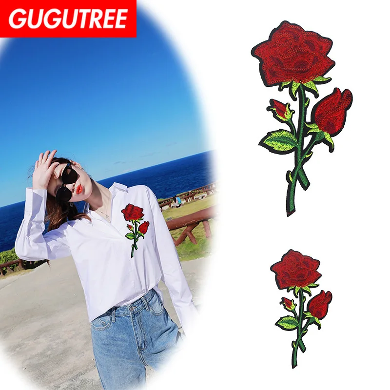 

GUGUTREE embroidery Sequins big rose patches flower patches badges applique patches for clothing XC-217