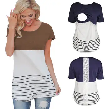 

Causal Women's Short Sleeve Nursing Tops 2018 New Summer Patchwork Pregnant Maternity Breastfeeding Plus Loose Clothes Size XXL
