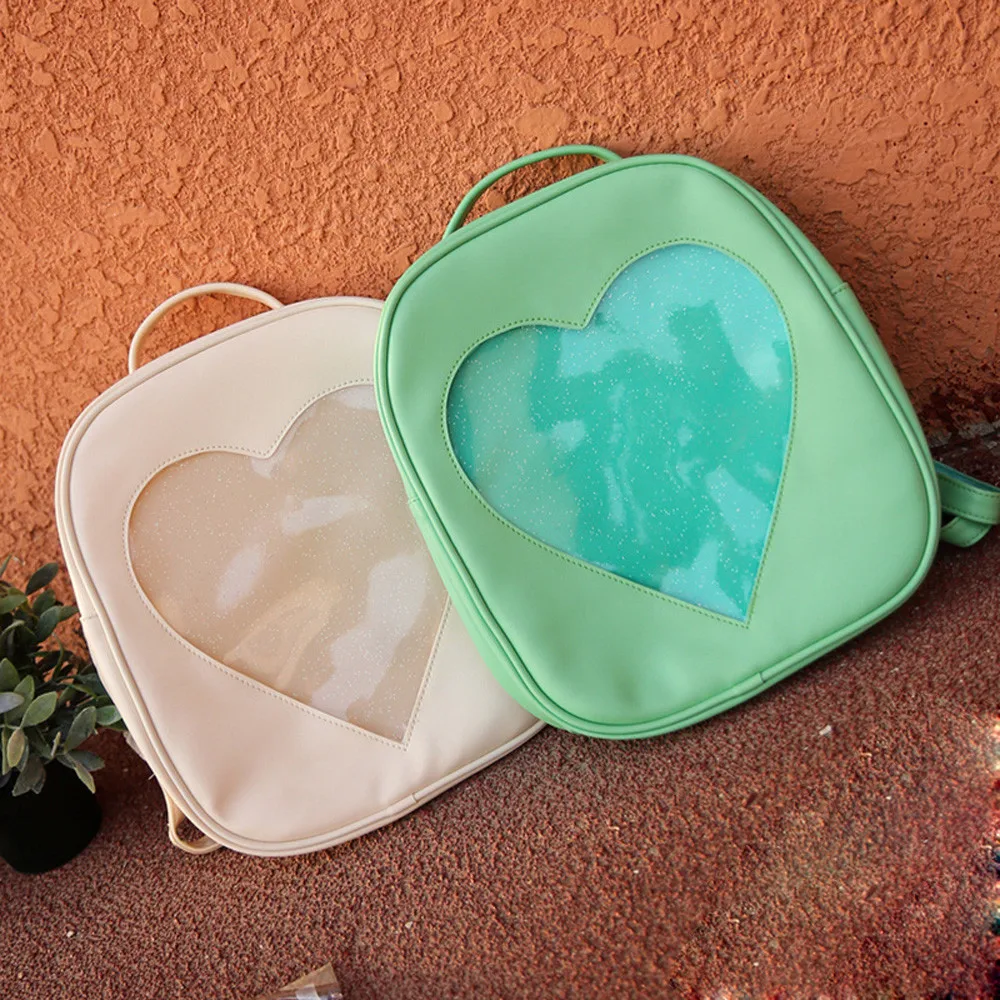 Candy Color PU Leather Ita Bag DIY Transparent Love Heart Shape Backpack Kawaii Harajuku Schoolbags For Teenage Girls#L10