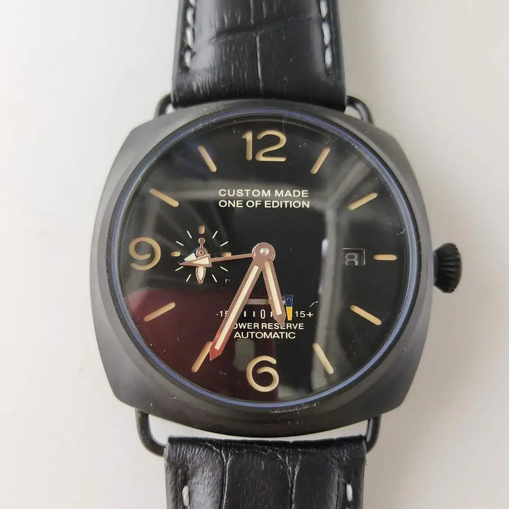 

automatic mens wristwatch parnis power reserve military pam 47mm pvd case black leather strap luxury watch G-9897