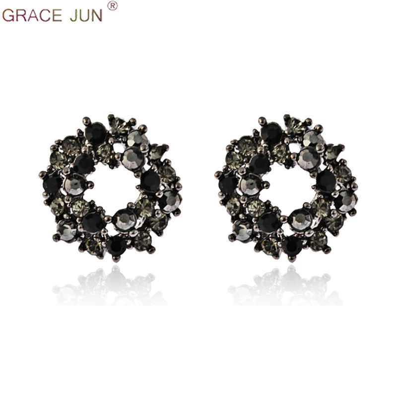 

GRACE JUN Vintage Black Color Geometric Rhinestone Clip Earrings and Pierced Earrings for Women Luxury Charm Ear Clip Ornament