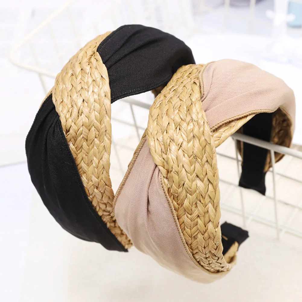 Богемная летняя соломенная плетеная повязка на голову с крестиком ручной работы, широкий обруч для волос для женщин и девочек, эластичные резинки для волос, аксессуары для волос