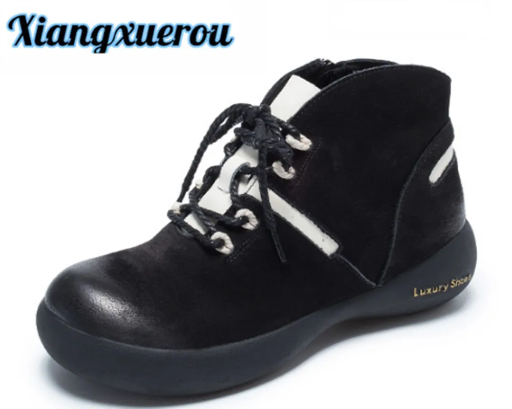 

Xiangxuerou 2018 autumn and winter new round head color combination casual shoes top layer cowhide women's single boot